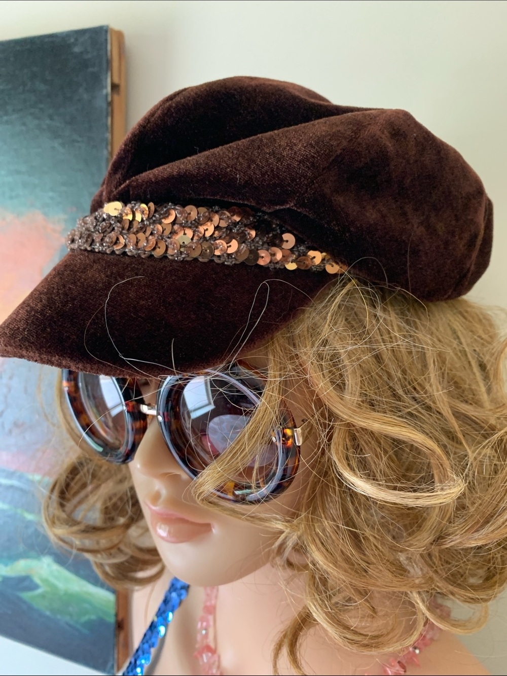 Vintage Brown Velvet Page Boy Hat 
with Copper Sequined 1” Band